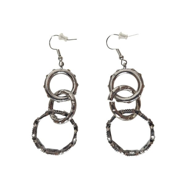Silver Tone Triple Hoop Chain Link Dangle Earrings Rhinestones - Picture 2 of 3